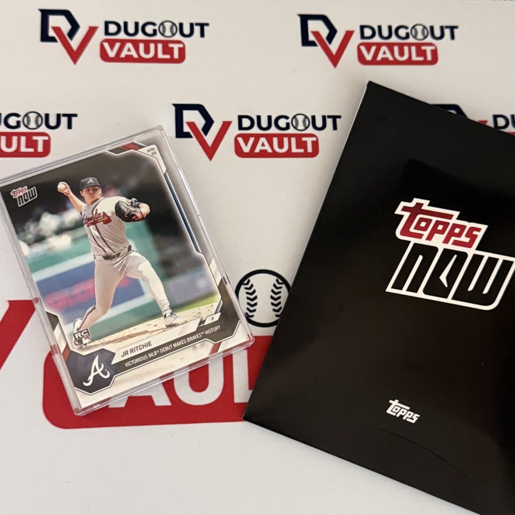 JR Ritchie 2026 Topps NOW card #113, Victorious MLB Debut Makes Braves History, next to the black Topps NOW mailer